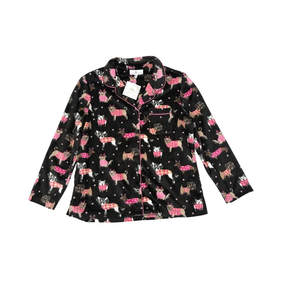 NEW Karen Neuburger Black & Pink Puppy Dog Long Sleeve Pajama Shirt Size Large